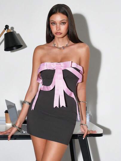 ROMWE Avant Women's College Style Girl 3D Bow Textured Contrast Fitted Bodycon Dress