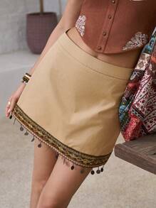 LanaWest Women's Holiday Casual Sequin Tape Decor Hem Skirt - Camel - View 3