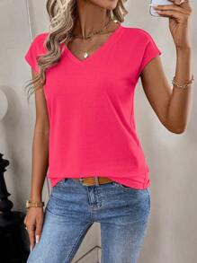 SHEIN LUNE Camiseta casual versátil de mujer de unicolor con cuello en V y mangas de murciélago - Rosa Fucsia - Ver 4
