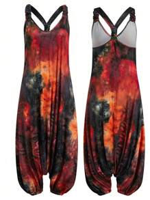 SHEIN Holidaya Damen Große Größen Batik Bedruckter Jumpsuit mit Trägern, weites Bein, locker, bohemian Stil