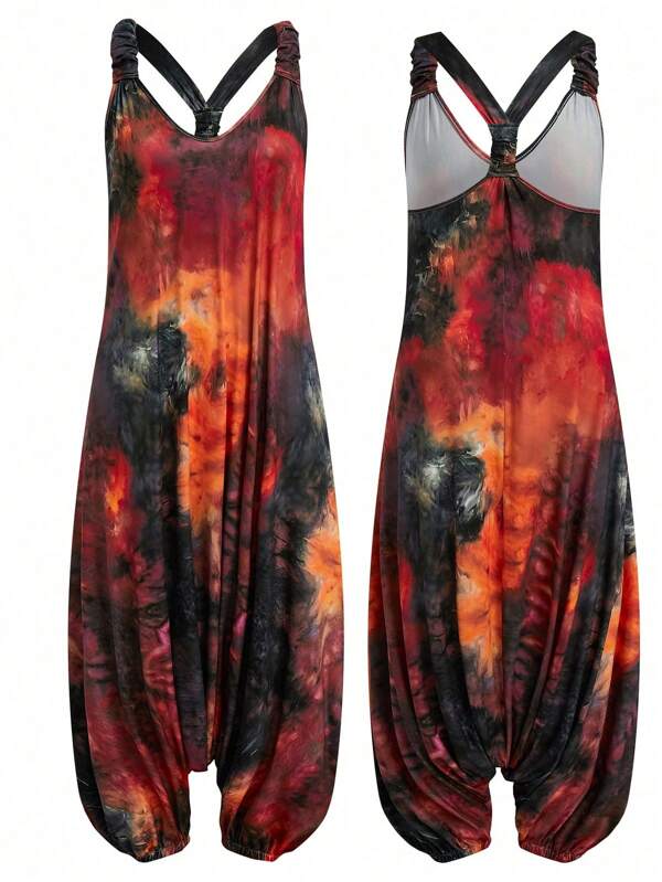 SHEIN Holidaya Plus Size Women Tie Dye Printed Jumpsuit Suspender Wide Leg Loose Bohemian Style