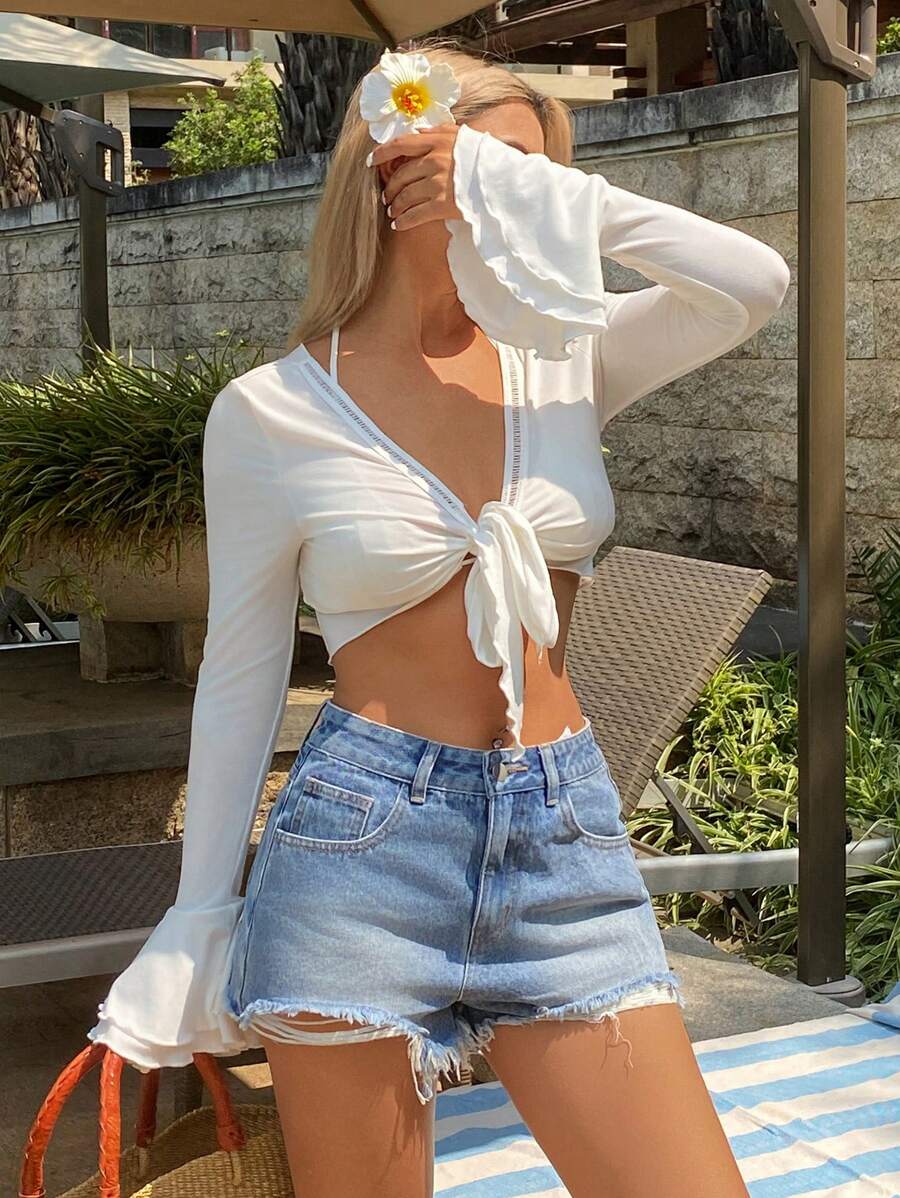 Livesso 女士系带露脐薄纱蕾丝罩衫度假 - 白色 - 查看 1