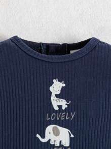 SHEIN 新生男婴睡衣，卡通长颈鹿和大象印花连体睡衣 - 藏蓝色 - 查看 3