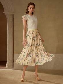 MOTF PREMIUM 飘逸花卉印花百褶裙 - 黃色 - 查看 1