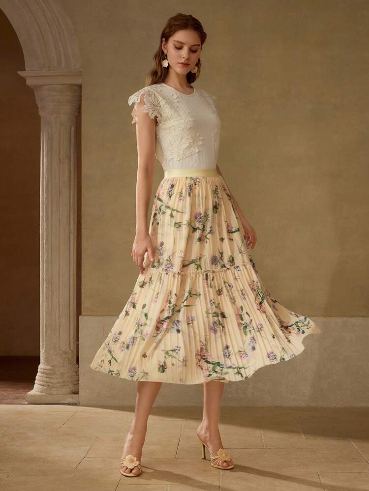 FLOWY FLORAL PRINT PLEATED SKIRT