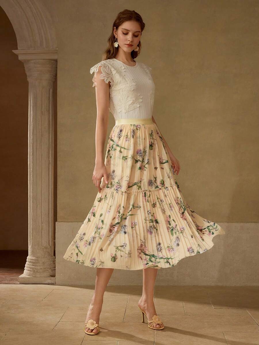 MOTF PREMIUM 飘逸花卉印花百褶裙 - 黃色 - 查看 1