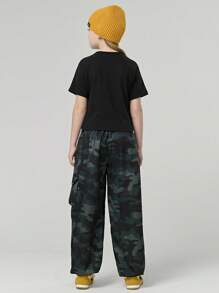 SHEIN 2pcs/Set Tween Girls Casual Outdoor Street Style Round Neck Short Sleeve Crop Top Tee And Camouflage Long Pants Summer Outfit - Black - View 3