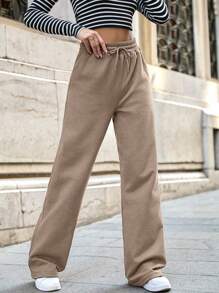 SHEIN Tall Cottnline Pocket Drawstring Sweatpants - Beige - View 3
