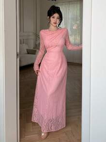 Modelyn Elegantes Kleid im französischen Stil für Damen mit geraffter Spitze, langen Ärmeln und raffender Taille, schmeichelhaft