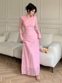 Modelyn Elegantes Kleid im französischen Stil für Damen mit geraffter Spitze, langen Ärmeln und raffender Taille, schmeichelhaft