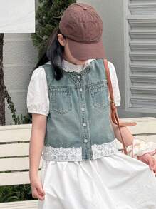 DAZY Tween Girl Sleeveless Hooded Denim Vest, For Summer, Back To School Clothes - Light Wash - View 6
