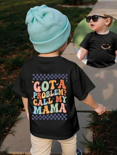 男婴休闲可爱脸和字母印花短袖圆领T恤