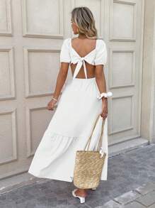 Breezaya Women's Solid Color Simple Daily Square Neck Short Sleeve Dress For New Year Clothes Maxi Vacation Beach Outfit