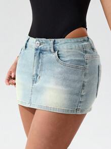 SHEIN PETITE Women's Pocket Design Slim-Fit Casual Denim Mini Skirt Y2k - Blue - View 6