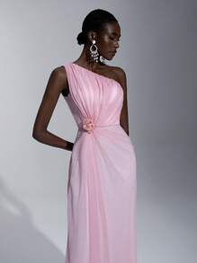 SHEIN Belle 优雅、浪漫、端庄、粉色、闪亮网纱、不对称肩部、不对称领口、立体花朵、褶裥、A字裙、婚礼宾客礼服、生日派对、婚宴、舞会、伴娘礼服 - 粉色 - 查看 1