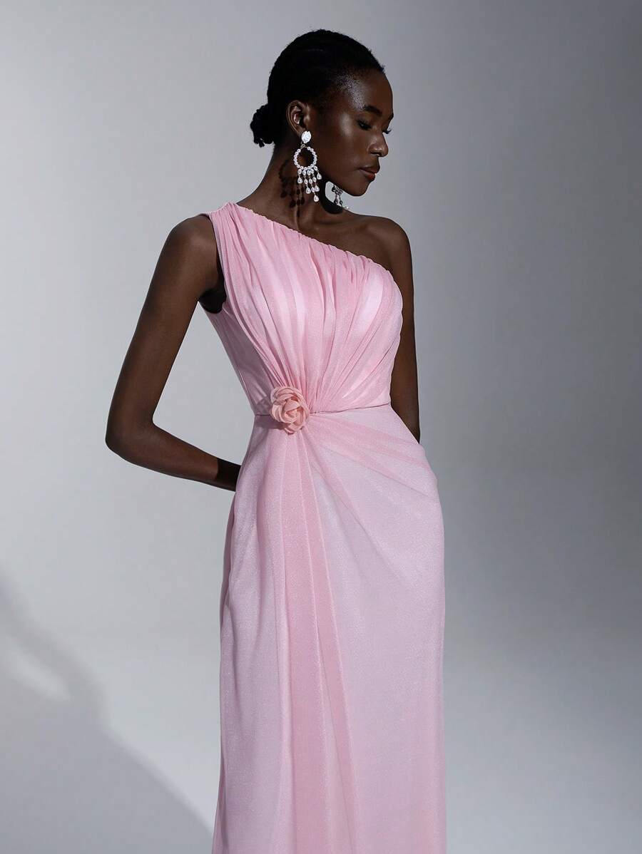 SHEIN Belle 优雅、浪漫、端庄、粉色、闪亮网纱、不对称肩部、不对称领口、立体花朵、褶裥、A字裙、婚礼宾客礼服、生日派对、婚宴、舞会、伴娘礼服 - 粉色 - 查看 1