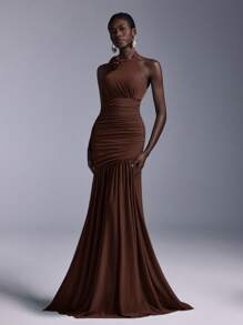 Elitara Elegant Halter-Neck Floral Ruched Tulle Mermaid Bridesmaid Dress - Brown - View 7