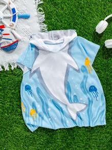 SHEIN Baby Boy Casual Holiday Cute Shark Design Beach Bathing Towel, Suitable For Beach, Seashore, Hot Spring