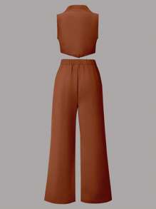 SHEIN Ensemble 2 pièces pour fille pré-adolescente : Veste sans manche avec col châle et pantalon de couleur unie