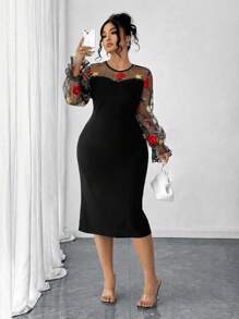 Elenzga Plus Size Elegant Black Dress With Floral Embroidered Tulle Sleeves And Round Neckline - Black - View 6