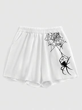 Grunge Punk Plus Size Women Spider Print Elastic Waist Loose Casual Shorts With Side Pockets, Summer