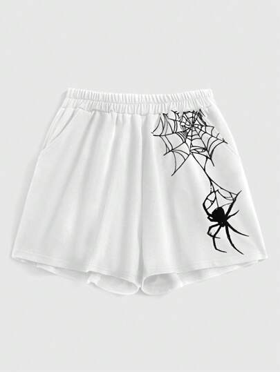 Grunge Punk سروال قصير نسائي مرن بخصر واسع وطباعة العنكبوت للحجم الكبير، صيفي، جيوب جانبية، كاجوال