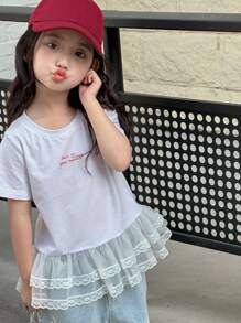DAZY Young Girl Round Neck Letter Print Lace Panel Short Sleeve T-Shirt,Girls Summer Outfits