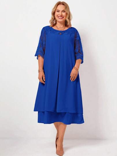 EMERY ROSE Plus Size Women's Round Neck Mesh Splice Casual Daily Wear Spring Summer Ripe Elegant Mom Pink Dress Women Dresses Elegant Gown Women Dresses Birthday Women Plus Sun Dress Women Plus Clothing Business Casual Work Summer Dresses