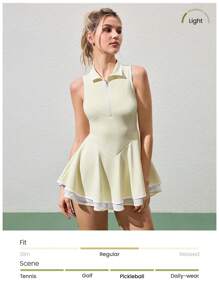 CourtClass 女士瑜伽健身无袖修身网眼 Polo 领连衣裙，舒适短裤带口袋，适合运动、跑步、休闲、户外、通勤运动服 - 黃色 - 查看 6