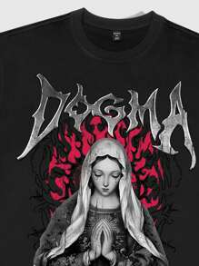 ROMWE MEN Street Life Men's Washed Virgin Mary Printed Loose T-Shirt & Shorts Set - Black - View 3