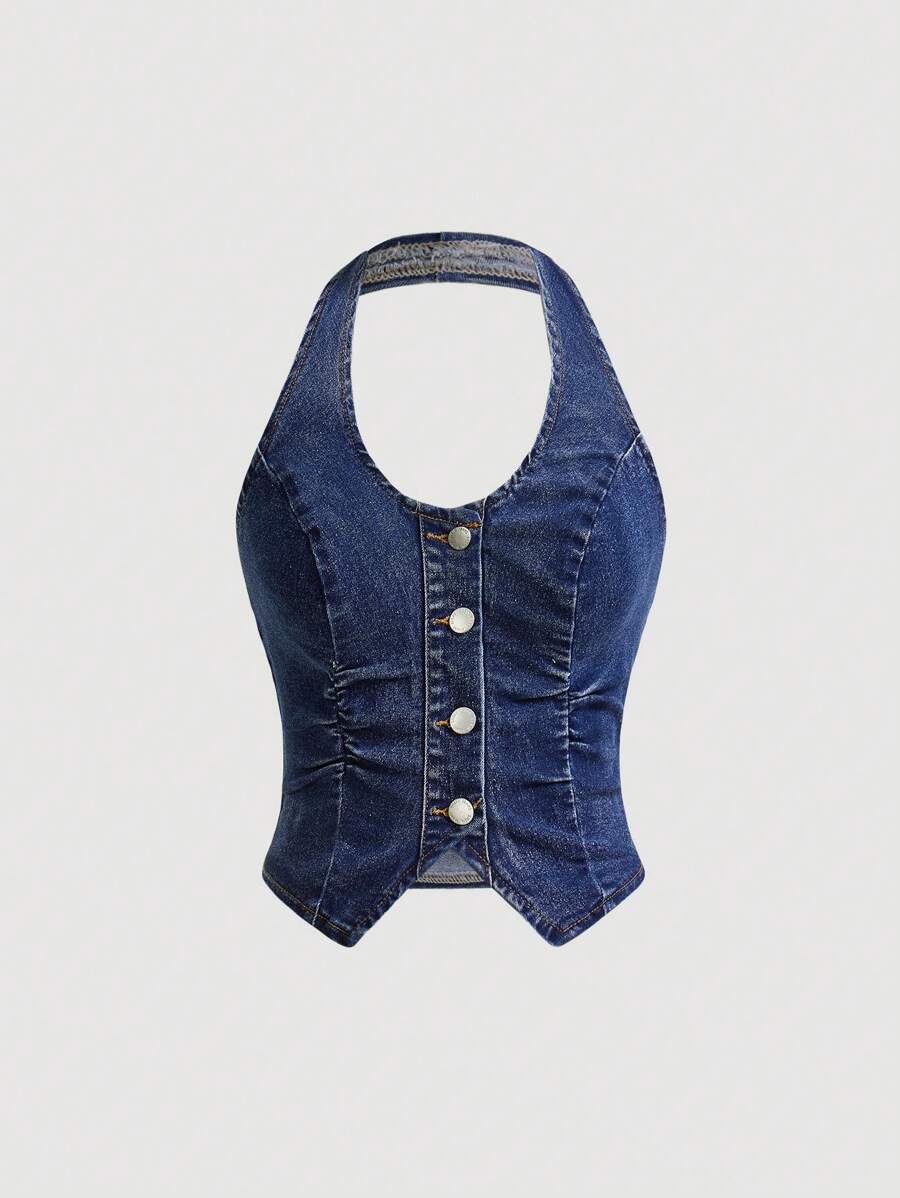 SHEIN ICON Y2K Style Blue Elastic Cropped Denim Halter Backless Camisole Top - Dark Wash - View 1