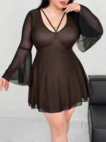 Flirla Plus Size Sexy Contrast Color V-Neck Heart Shape Bell Sleeve A-Line Short Dress Fall Cloth For Women - Camel - View 5
