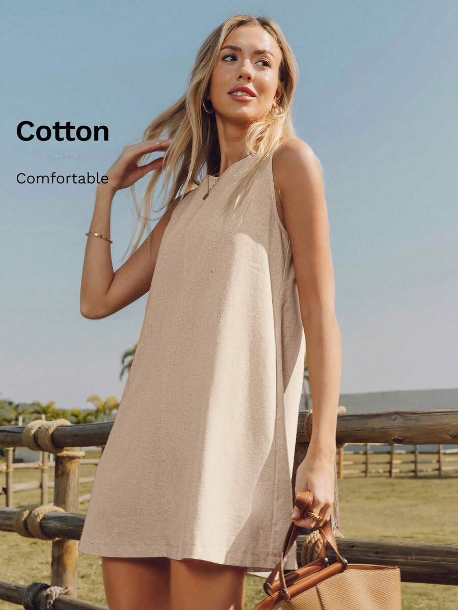 SHEIN LUNE 女士休闲亚麻无袖绗缝 A 字形连衣裙，带口袋，优雅舒适，适合日常穿着和度假 - 杏色 - 查看 1