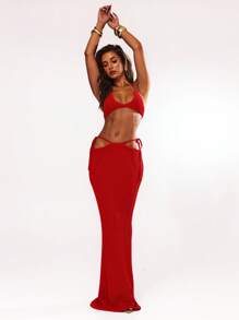 SHEIN BAE Damen 2er Set aus einfarbigem Strick-Top und extra langem gestricktem Midi-Rock für Herbst/Winter