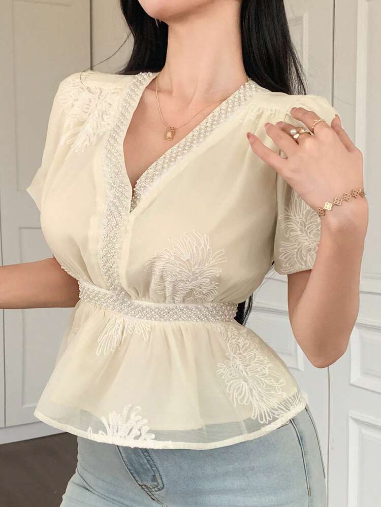 Women's Faux Pearl Beaded V-Neck Puff Sleeve Blouse,Ruffle Vacation