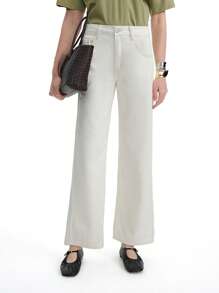 SHEIN LUNE Women's Casual Solid Color Slant Pocket Denim Flare Pants - Khaki - View 3