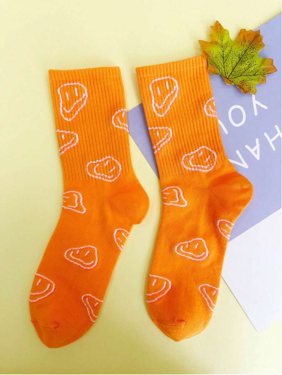 Alice Women's Orange Smiling Face Pattern Mid-Calf Socks, Summer - Orange - View 1