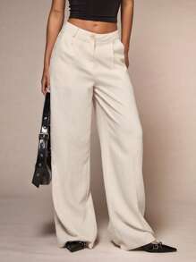 Glamine 女式杏色亚麻混纺休闲办公室时尚口袋直筒阔腿裤 - 杏色 - 查看 1