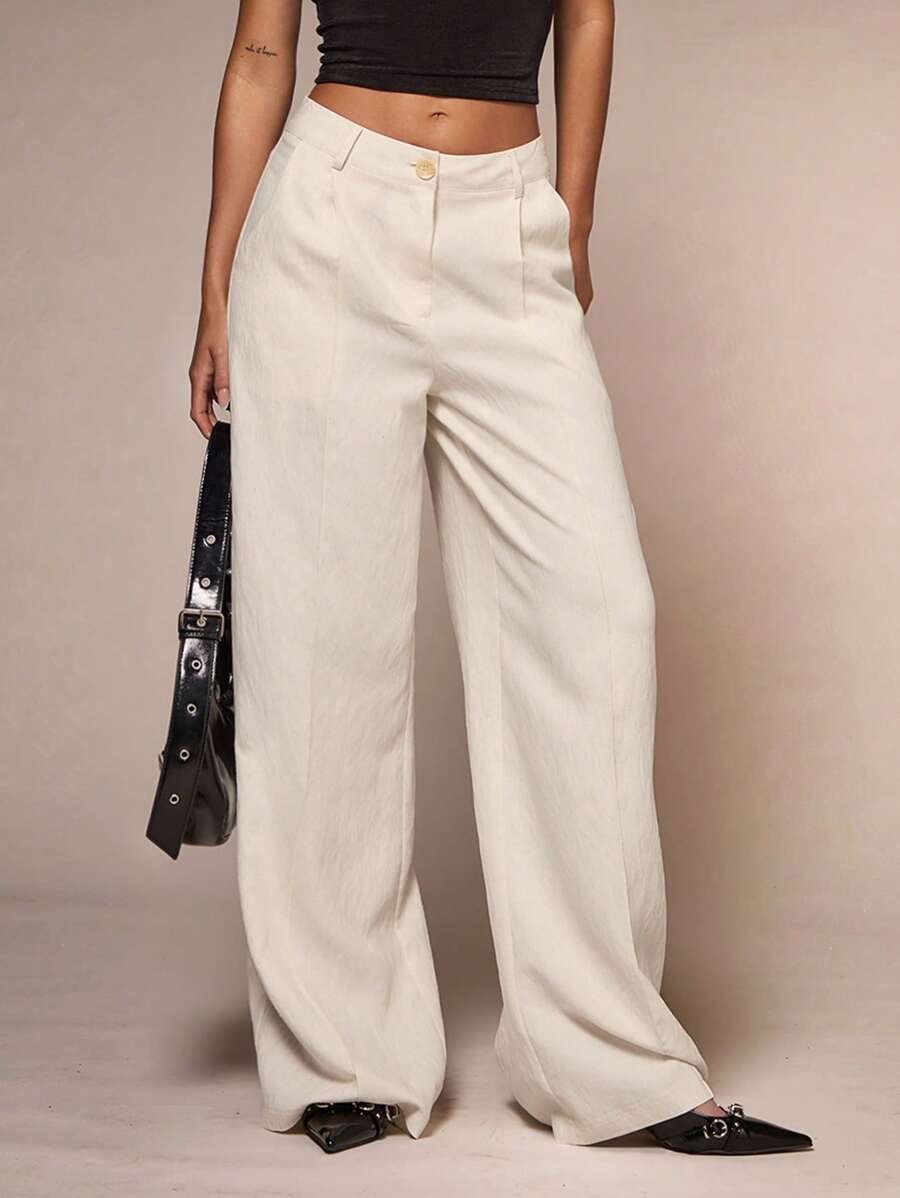 Glamine 女式杏色亚麻混纺休闲办公室时尚口袋直筒阔腿裤 - 杏色 - 查看 1