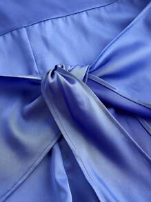 Amiko Blue Halter Drape Neck Backless Satin Romper With Front Tie Solid Jumpsuits - Purple - View 7