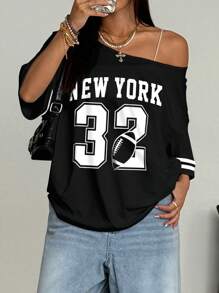 INAWLY Solva American Sports Style Black And White Color Matching Slant Shoulder New York English Plus Numbers Rugby Women's T-Shirt - Multicolor - View 6