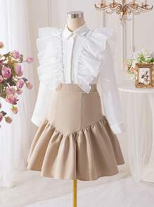 Conjunto de 2 piezas para niña preadolescente: Blusa elegante de manga larga con volantes y falda mini