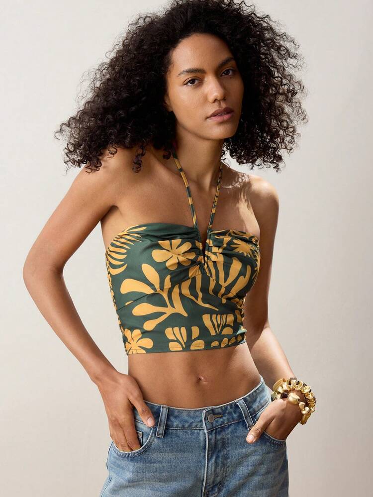 SHEIN Maija Women's Green Collision Yellow Summer V-Neck Halter Top, Floral Print Pattern Fashion Sexy Beach Vacation Hawaiian Sleeveless Crop Top
