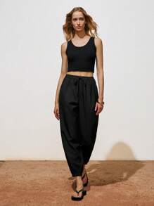 Lumivelle Pantalones largos casuales diarios de mujer con cintura con cordón y bolsillo oblicuo de unicolor