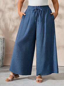 EMERY ROSE Plus Size Solid Color Tie-Knot Pocket Loose Casual Vacation Pants - Blue - View 4