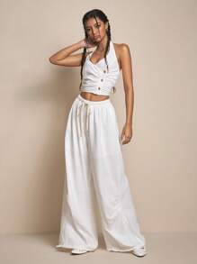 Easelle Women's Casual Vacation White Linen V-Neck Side Ruffle Loose Harem Pants Set - White - View 5