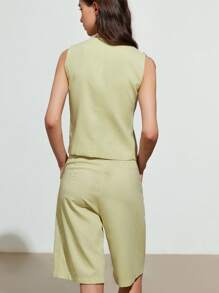 GENKIRA Áo vest cổ chữ V thắt eo bằng vải họa tiết màu xanh lá cây nhạt thời trang có túi đôi, kết hợp với quần short Bermuda, bộ vest tối giản đa năng thanh lịch cho nữ, công sở thường ngày - Màu vàng - Xem 2