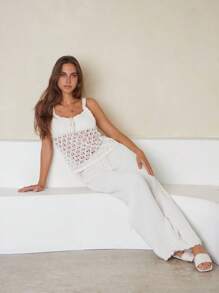 SHEIN Cottnline Beige Two Pieces Knitted Set With Ribbed Pants And Crochet Patterned Top, Lightweight Fabric For A Cozy And Stylish Look - White - View 3