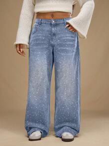 SHEIN Forever 21 Jeans casuales de pierna ancha con bolsillos y adornos de strass para mujeres de talla grande