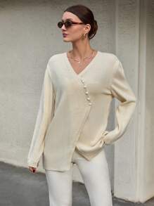 CLARA VERO Casual Baggy Asymmetrical Asymmetric Button Cardigan Sweater For Women, Unique Knitted Top For Autumn/Winter,Long Cardigans Woman,Petite Cardigans,Cardigans - White - View 4